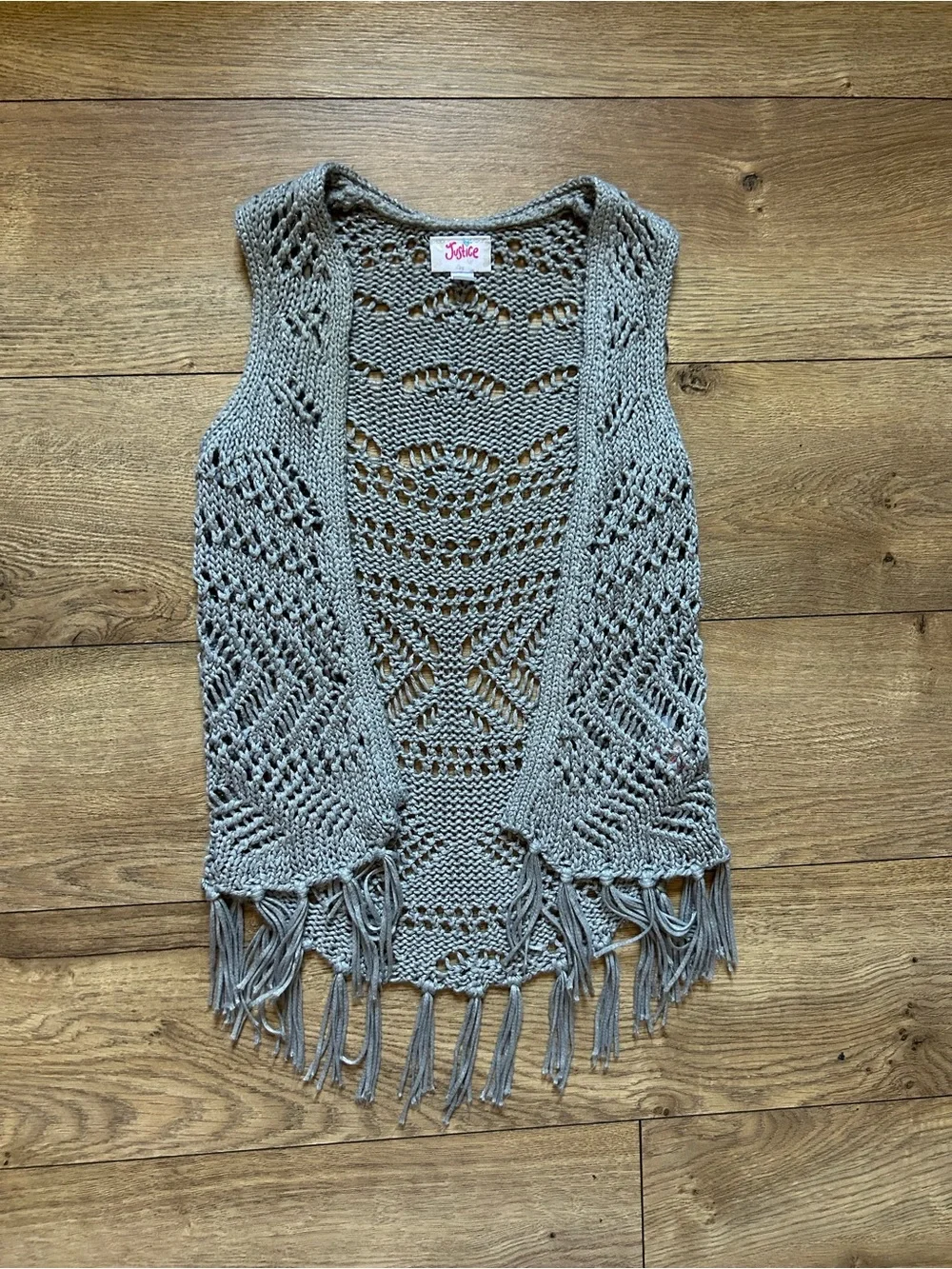 Justice Gray Open-Knit Fringe Vest